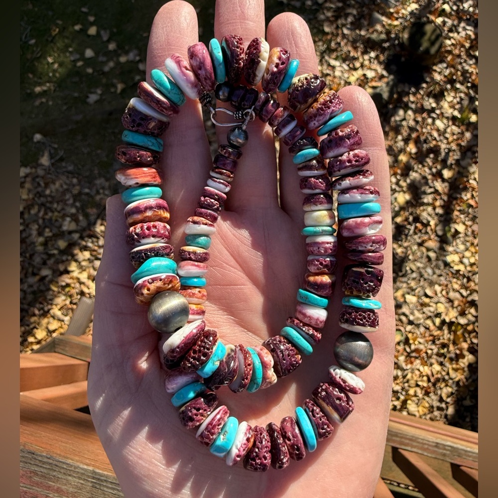 Native American Heishi Beads Turquoise & Purple Spiny Oyster Silver 925 Necklace